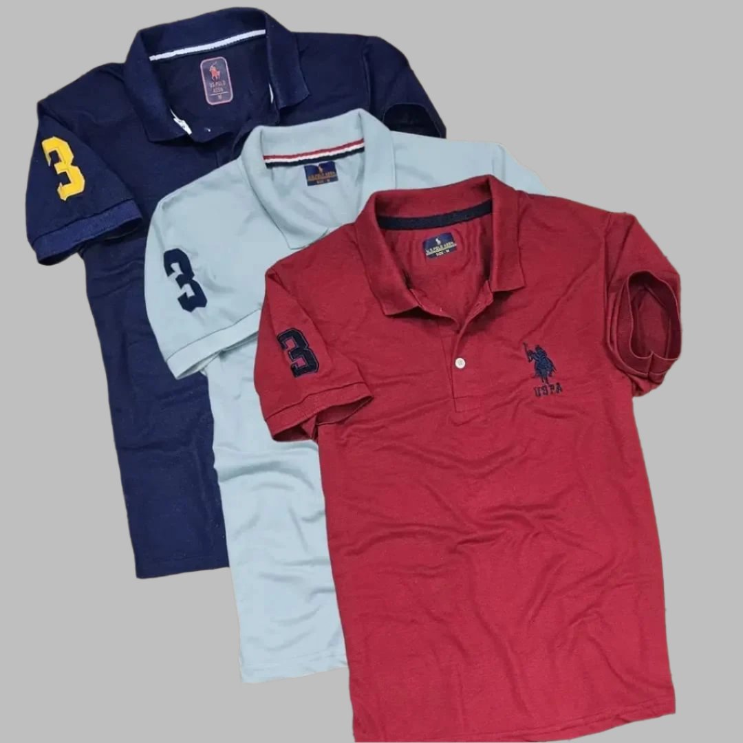 Solid Polo Matty Elegance in 3 Colors T-Shirts  Pack of 3 for Mens
Size:M, L, XL, XXL available in 4 sizes
Color: Unique combination of 3 colors hence Multicoloured
Fabric:Premium Cotton Blend with nice texure
Durability:Long durability with light weight and sturdy
 Type:Polos unique brand
 Style:Solid , it's solidness indicate longuity
 Design Type:Polos T-Shirt
 Sleeve Length:Short Sleeves suits to the shoulders of strong men.
Experience ultimate comfort and style with our Soli